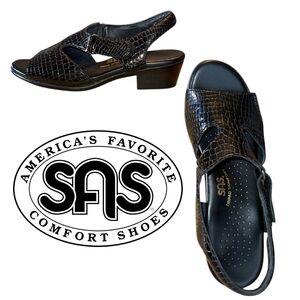 SAS Black Croc Embossed Leather Comfort Sandals Size 8M Made in USA